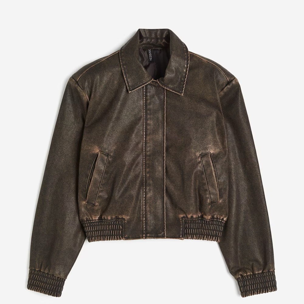 H&M Distressed Brown Vegan Leather Jacket with shoulder pads